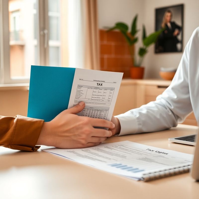 Persona revisando documentos fiscales sobre un escritorio con carpeta azul corporativa