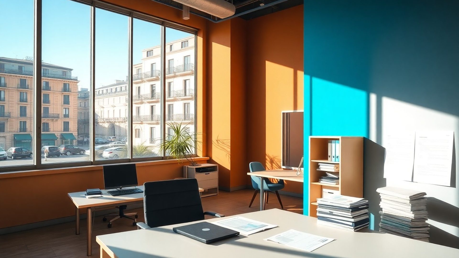 Interior editorial de despacho de asesoría fiscal en Barcelona con luz mediterránea y detalles en azul corporativo