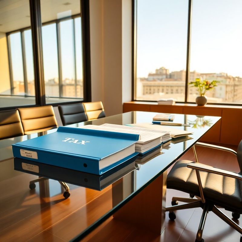 Escritorio corporativo con archivadores azules y documentos financieros en una oficina moderna de Barcelona