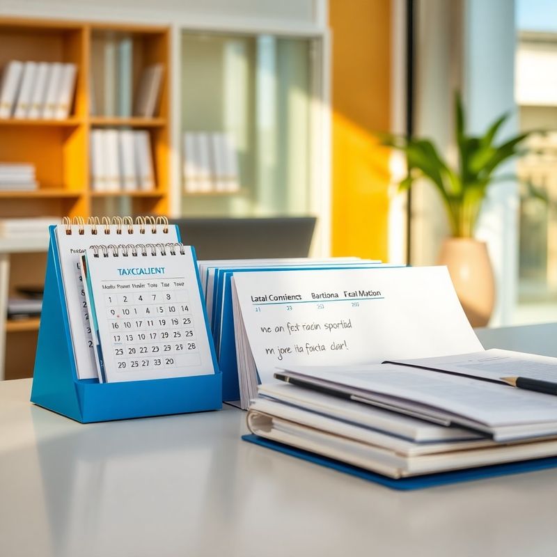 Calendario y carpetas fiscales organizadas en tonos azules sobre un escritorio limpio